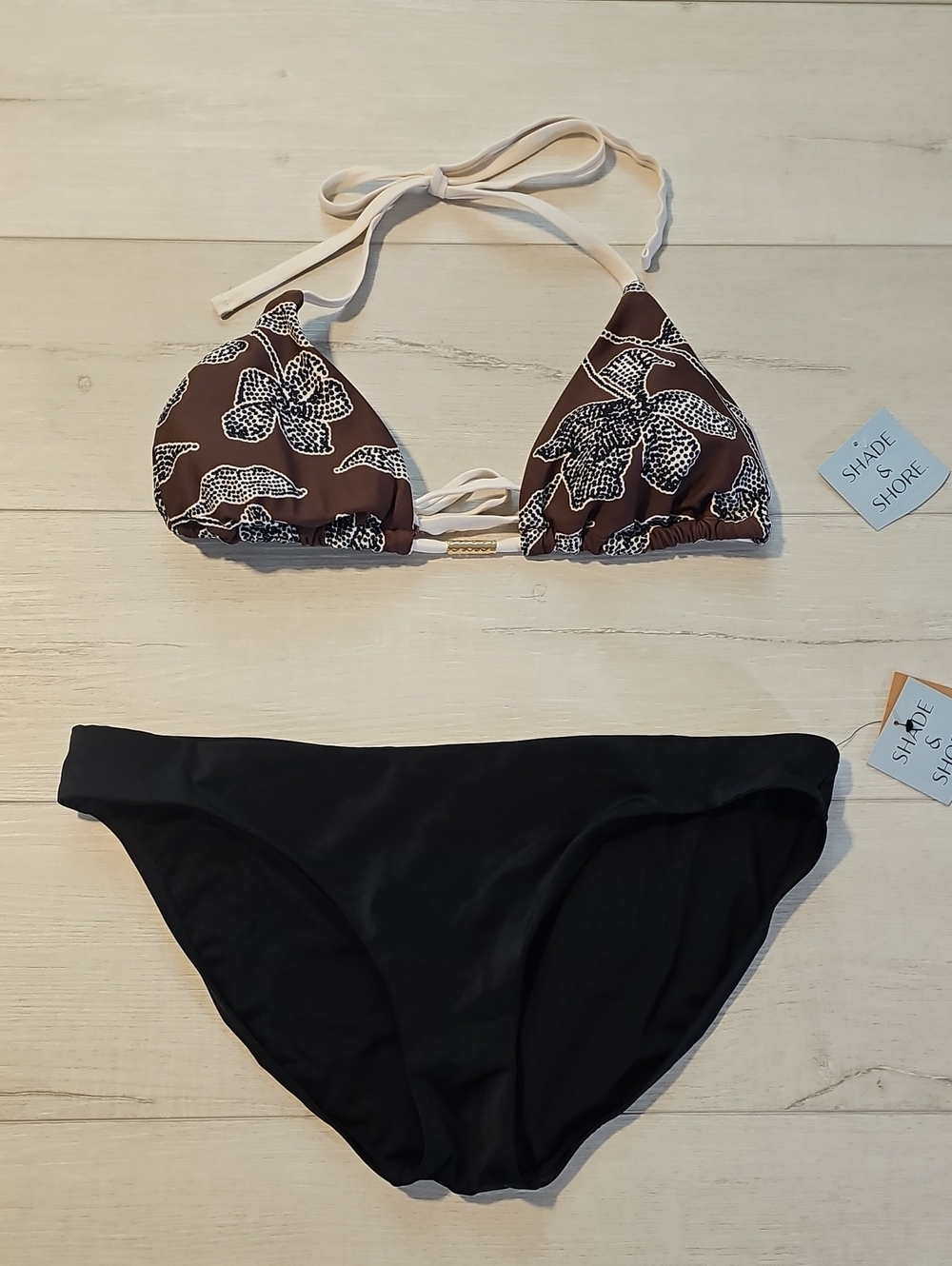 Shade & ShoreWomen's XL Brown Floral Triangle Bikini Top with Black Bottoms